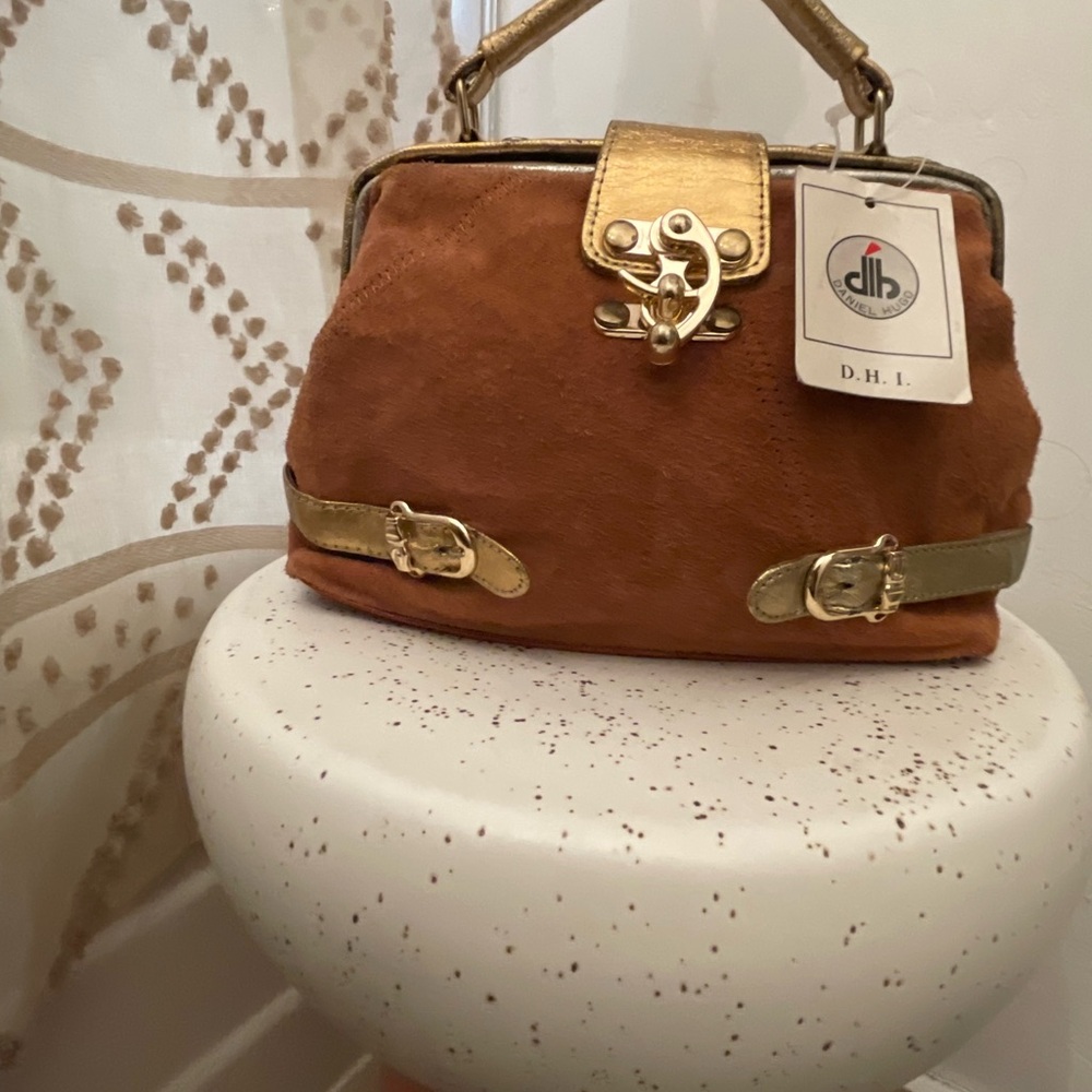 Daniel Hugo Brown Suede Top-Handle Bag with Gold Accents